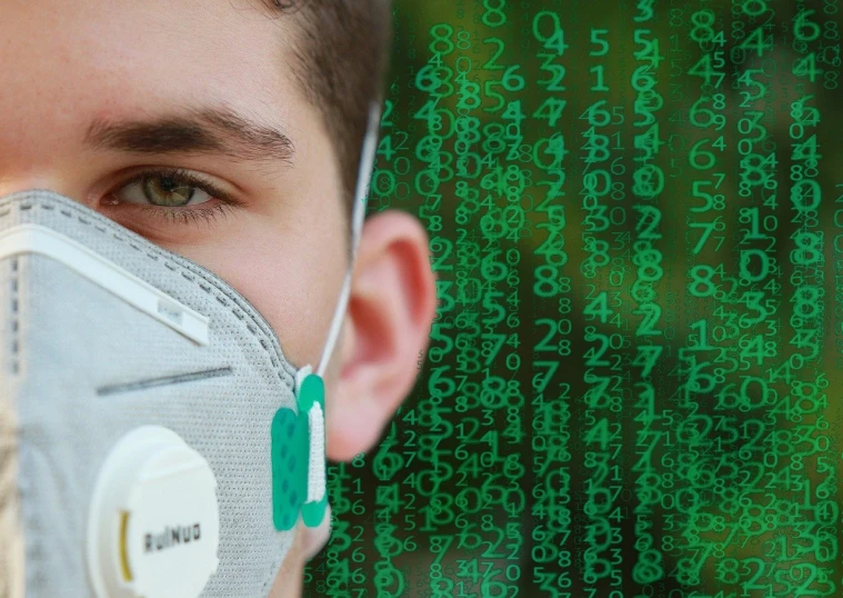 a close up of a person wearing a face mask, a photo, by Adam Marczyński, pixabay, ascii art, crypto, pollution, vitalik buterin, a green