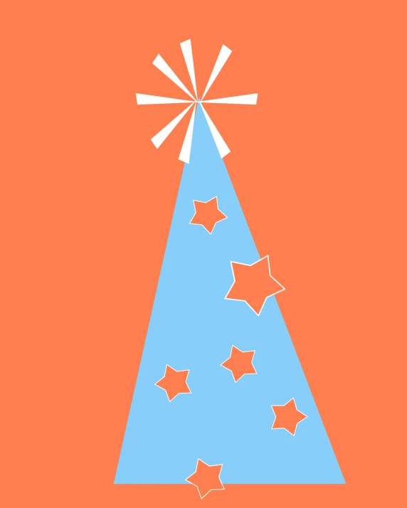 a blue party hat with stars on it, concept art, pop art, orange ray, christmas tree, abstract flat colour, celebrating a birthday