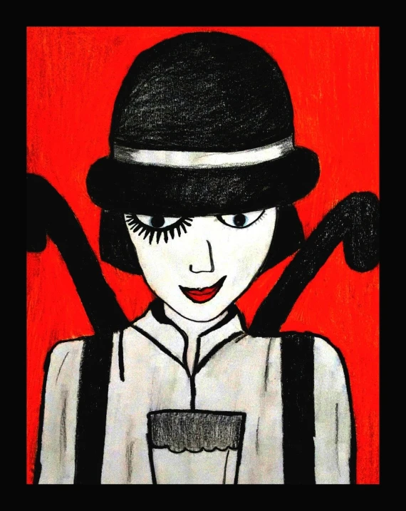 a painting of a woman in a bowler hat, a pop art painting, inspired by Aubrey Beardsley, pop art, mary louise brooks is half robot, art style of junji ito, red white and black, with big eyes