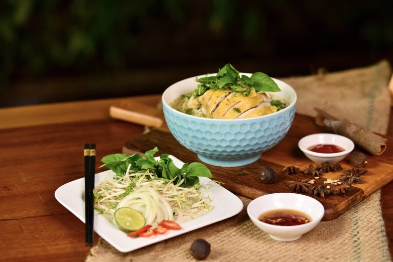 a bowl of food sitting on top of a wooden table, a picture, inspired by Tan Ting-pho, shutterstock, chicken, restaurant menu photo, high detail product photo, realistic photo