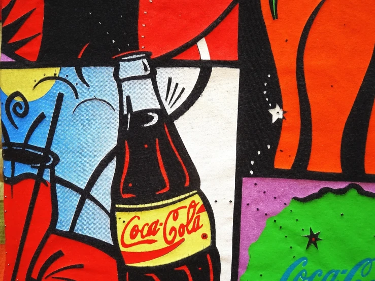 a painting of a coca cola bottle on a wall, a pop art painting, pop art, silk screen t-shirt design 4k, detail, juxtapos, comic cover painting