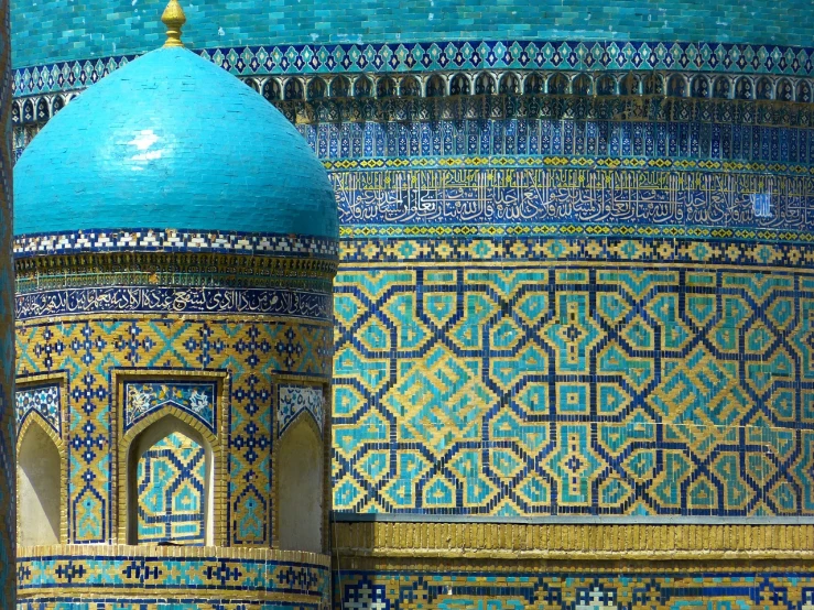 a close up of a building with a blue dome, a mosaic, inspired by Kamāl ud-Dīn Behzād, author unknown, oriental wallpaper, turquoise palette, khyzyl saleem