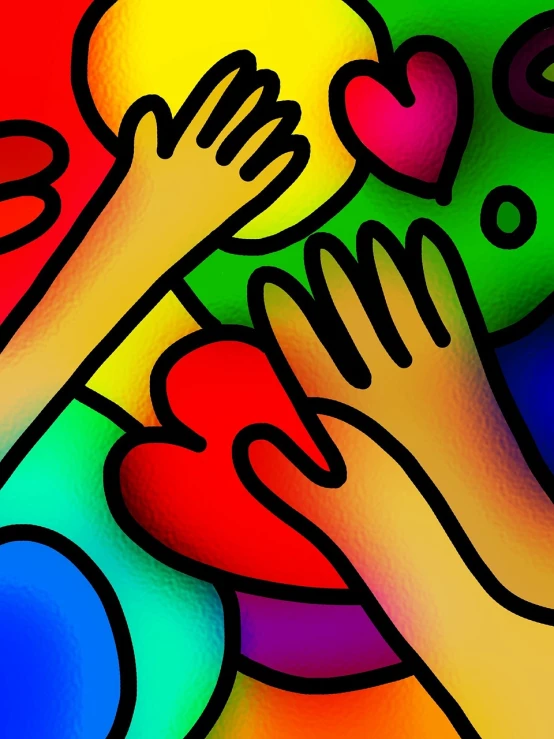 a painting of two hands reaching for a heart, inspired by Howard Arkley, pexels, toyism, colorful crowd, digitally enhanced, stained glass background, closeup of arms