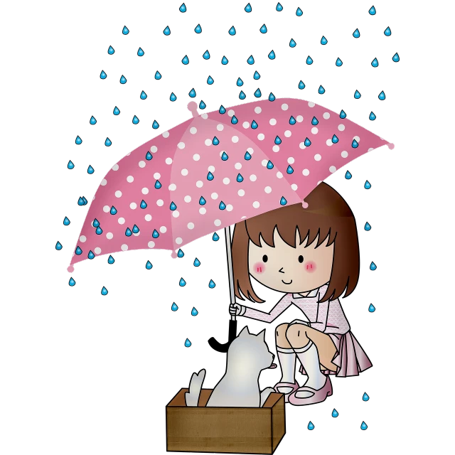 a little girl holding an umbrella over a dog, a picture, conceptual art, on black background, cute kawaii girl, box, rain on screen