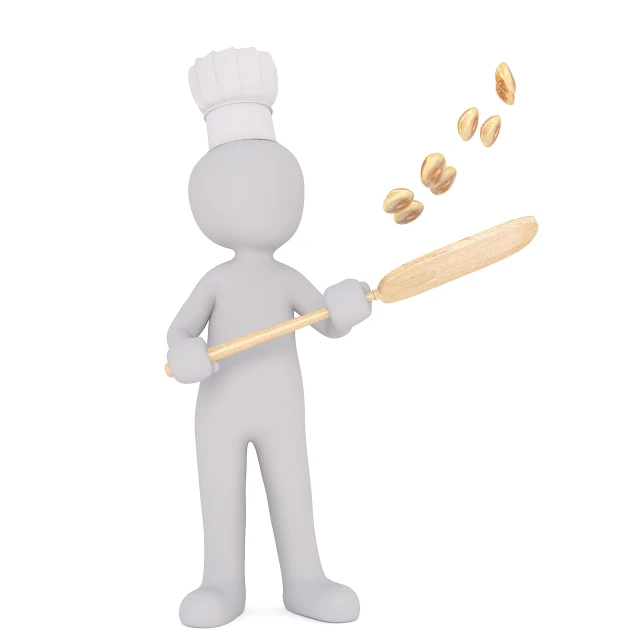 a person in a chef's hat throwing peanuts into the air, a digital rendering, by William Jennys, pixabay contest winner, spoon slim figure, isolated on white background, with bread in the slots, clay