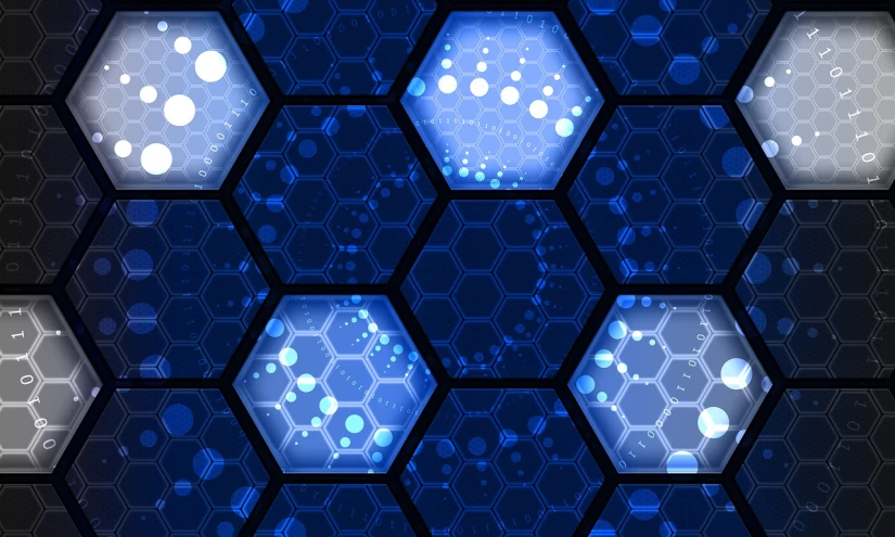 a bunch of hexagons sitting on top of each other, digital art, inspired by Buckminster Fuller, flickr, blue lights, cells, digital screens on the walls, dna