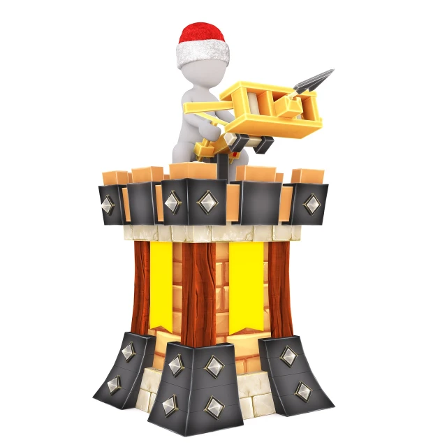 a person in a santa hat on top of a tower, a low poly render, hammer weapon, isolated on white background, in medieval armoury, robot in construction