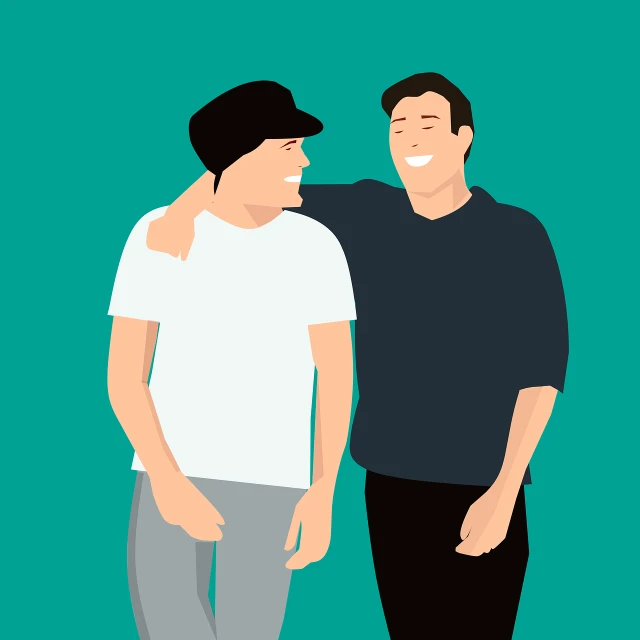 a couple of men standing next to each other, vector art, conceptual art, hand on his cheek, with teal clothes, hugs, flat color