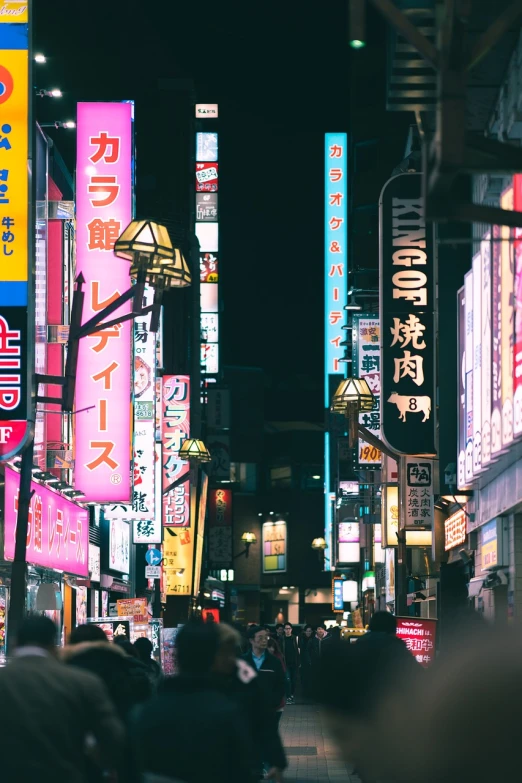 a crowd of people walking down a street at night, inspired by Kanō Hōgai, trending on unsplash, bright signage, lots of signs and shops, ethnicity : japanese, digital banner