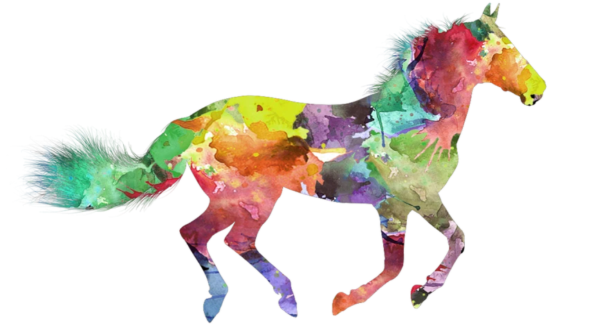 a painting of a colorful horse on a black background, inspired by LeRoy Neiman, pixabay, stylized silhouette, header, watercolored, grungy; colorful