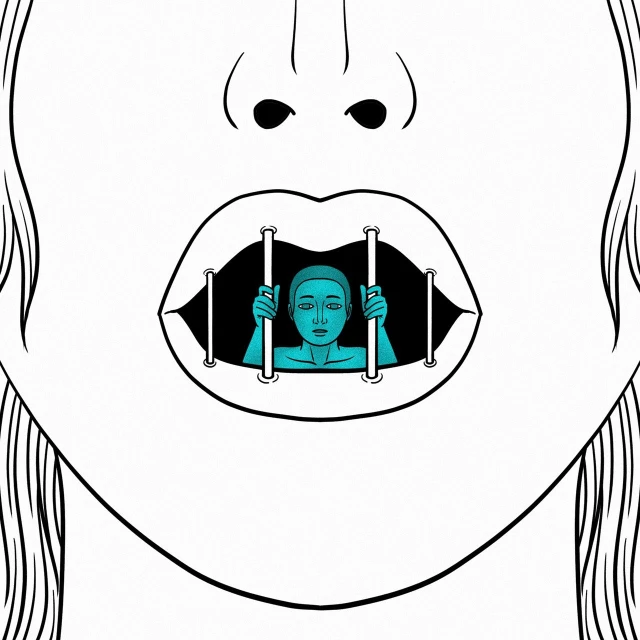 a drawing of a woman with a cell phone in her mouth, an illustration of, by João Artur da Silva, tumblr, conceptual art, prison bars, black and cyan color scheme, symmetry illustration, linear illustration