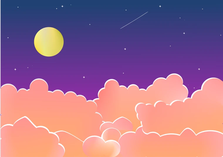 a sky filled with lots of clouds under a full moon, an illustration of, inspired by Victor Moscoso, romanticism, orange / pink sky, star(sky) starry_sky, serene illustration, linear illustration