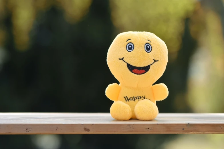 a yellow stuffed animal sitting on top of a wooden bench, a picture, pexels, happening, happy smiley, cartoon face, lovely, hey buddy