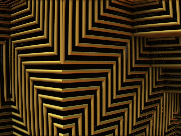 a close up of a wall made of wood strips, inspired by Richard Anuszkiewicz, trending on zbrush central, geometric abstract art, gold and black color scheme, rendered in unreal engine”, hyperdetailed samsung store, zig zag
