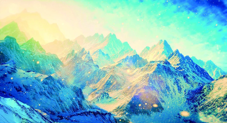 a picture of a mountain covered in snow, inspired by Mike Winkelmann, fantasy art, heavenly colors, light kingdom backdrop, vibrant art, mountain ranges