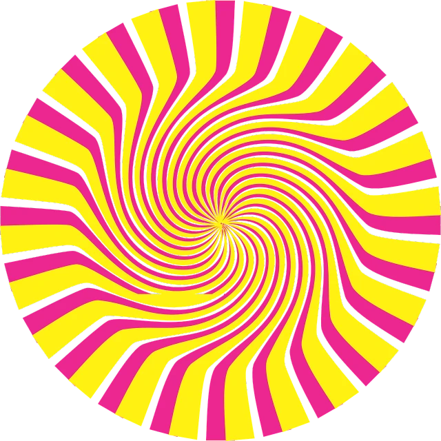 a yellow and pink spiral design on a black background, a picture, inspired by Victor Moscoso, optical illusion, magic circle, stripe over eye, lollipop, けもの