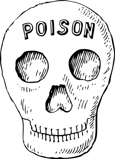 a drawing of a skull with the word poison written on it, a cartoon, pixabay, purism, black lung detail, post - punk album cover, health potion, black-and-white