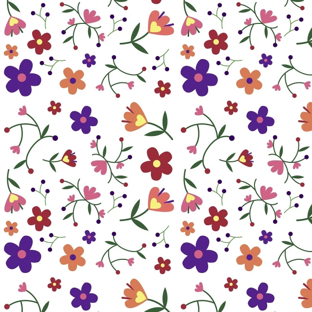 a pattern of flowers and leaves on a white background, a digital rendering, inspired by Maksimilijan Vanka, naive art, some purple and orange, svg illustration, tileable, floral embroidery