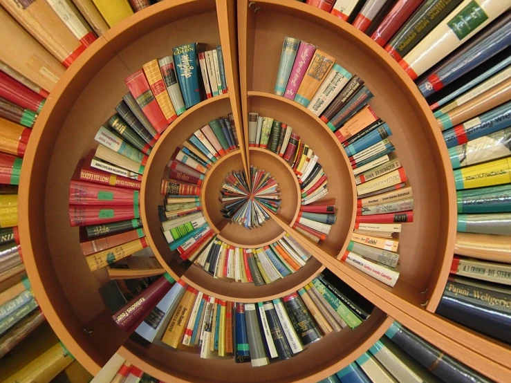 a circular book shelf filled with lots of books, a picture, precisionism, swirl, branding, from above, windings