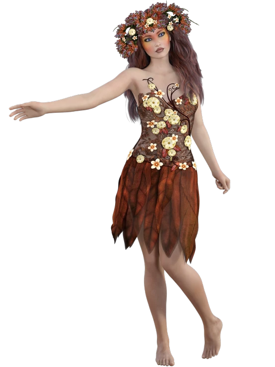 a woman in a costume with flowers on her head, a 3D render, inspired by Wendy Froud, seasons!! : 🌸 ☀ 🍂 ❄, glamor pose, brown flowers, fairy dancing