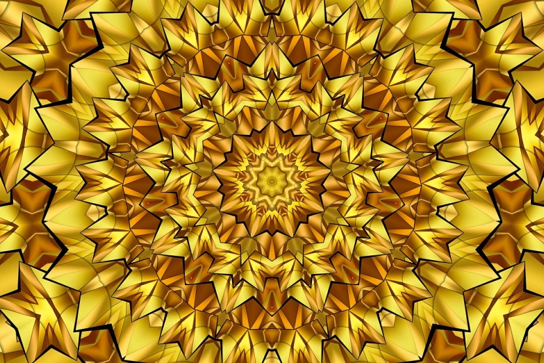 a computer generated image of a golden flower, a digital rendering, abstract illusionism, complex tarot card background, tesselation, crystallic sunflowers, mandala