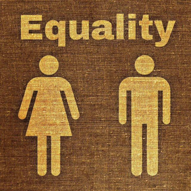 a sign that says equality with a picture of a man and a woman, a stock photo, golden fabric background, extremely detailed and coherent, rustic, hemp