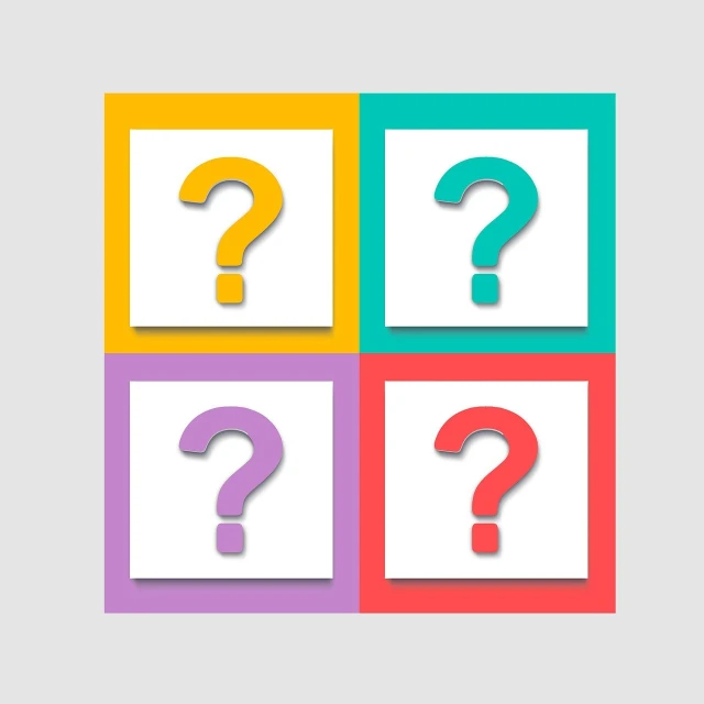 a set of four squares with question marks on them, a picture, by Wayne England, pop art, pastel colors only, card template, on a pale background, 💣 💥