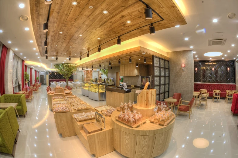 a restaurant filled with lots of tables and chairs, by Simon Gaon, shutterstock, fantasy bakery interior setting, highly detail wide angle photo, daoshu, wooden