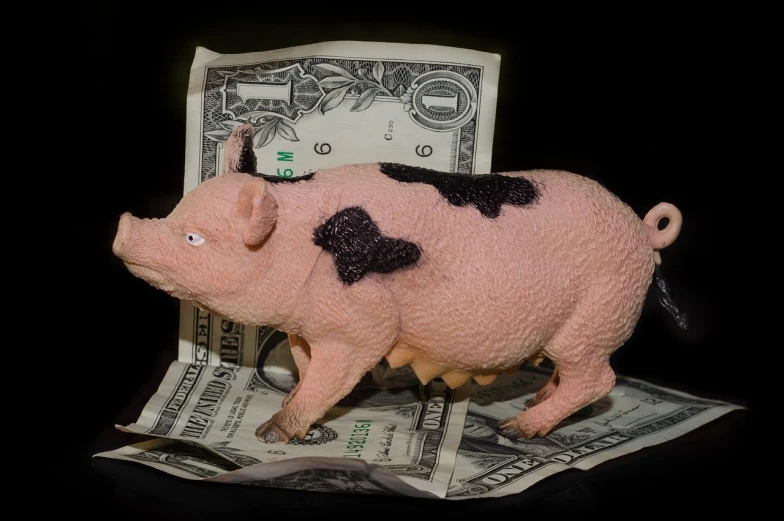 a pig figurine sitting on top of a pile of money, a stock photo, by Matt Cavotta, renaissance, on a black background, lunchmeat, pink slime everywhere, cowboy