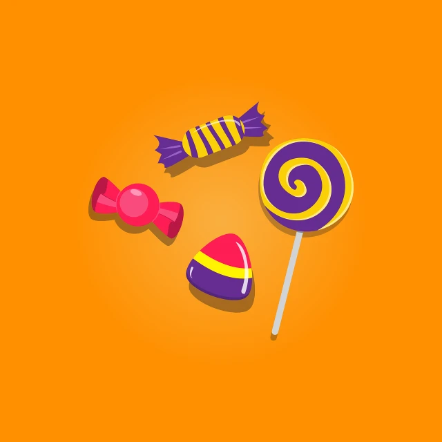 a couple of lollipops sitting next to each other, vector art, game icons, purple orange colors, a table full of candy, material design