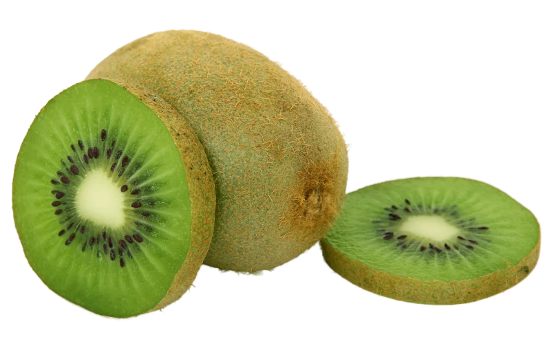 a close up of a kiwi fruit sliced in half, a digital rendering, by Tadashi Nakayama, pixabay, it\'s name is greeny, on black background, istockphoto, stacked image