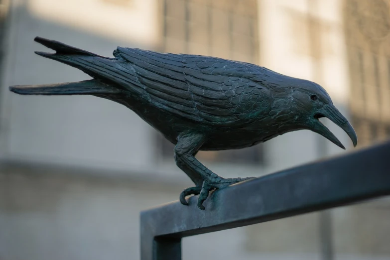 a close up of a statue of a bird on a fence, a bronze sculpture, inspired by Gonzalo Endara Crow, street corner, benjamin vnuk, black crows, 1647