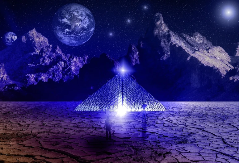 a pyramid in the middle of a desert with mountains in the background, digital art, space art, emanating with blue aura, multiverse!!!!!!, spiritual imagination of duality, solar beings