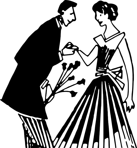 a black and white drawing of a man and a woman, pixabay, romantic dress, picking up a flower, deco fashion, marketing photo