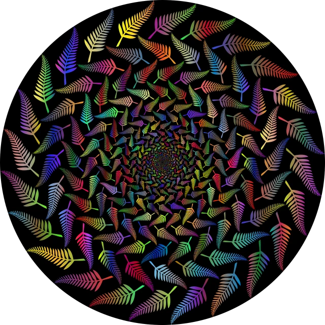 a circle of multicolored leaves on a black background, a screenshot, inspired by Benoit B. Mandelbrot, kinetic pointillism, psychedelic fern, spiral horns!, with gradients, rainbow wings