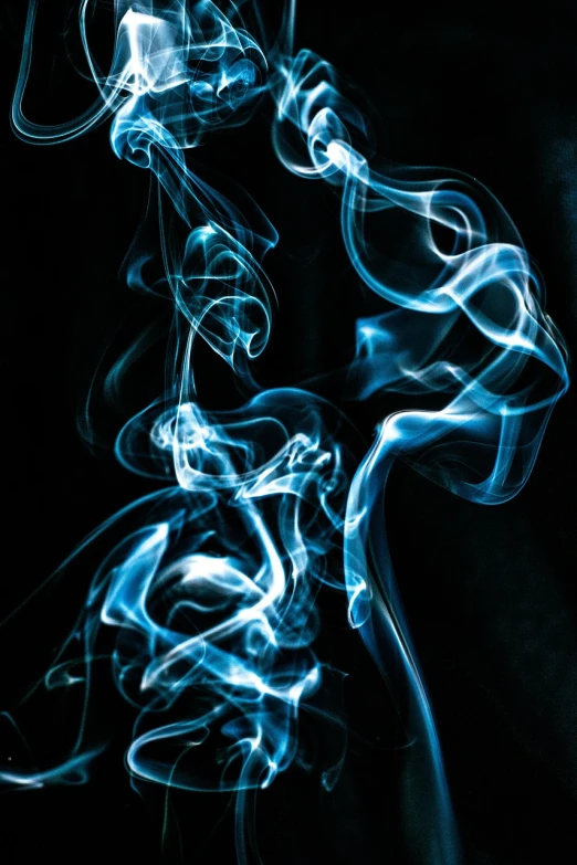 a close up of smoke on a black background, abstract illusionism, blue flames surrounding, fine swirling lines, praying with tobacco, ghosts