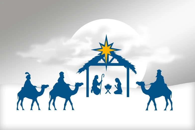 a nativity scene with three wise wise wise wise wise wise wise wise wise wise wise wise, an illustration of, by Juan O'Gorman, pixabay, with a blue background, set against a white background, website banner, made with photoshop