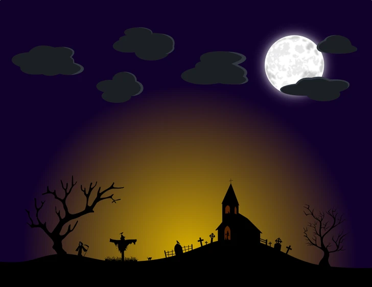 a church on a hill with a full moon in the background, an illustration of, by Tom Carapic, shutterstock, gothic art, halloween theme, random background scene, churchyard, sandy