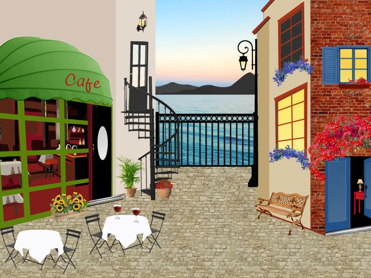 a drawing of a patio with tables and chairs, a digital rendering, inspired by Guido Borelli da Caluso, pixabay contest winner, naive art, cliffside town, british street background, romantic simple path traced, port scene background