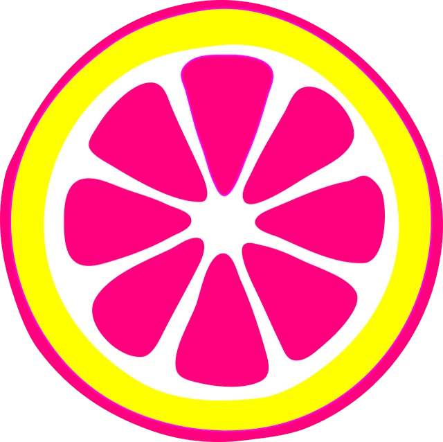 a close up of a sliced orange on a black background, a screenshot, pop art, (pink colors), circular logo, clipart, lemon