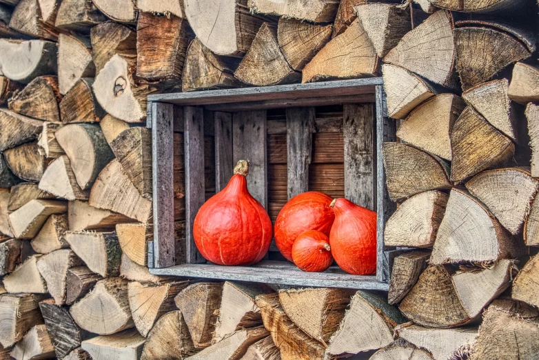 a couple of pumpkins sitting on top of a pile of wood, a still life, by Stefan Gierowski, shutterstock contest winner, fine art, shades of red, window open, ❤🔥🍄🌪, wall wood fortress