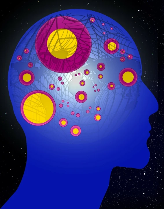 a close up of a person's head with circles on it, an illustration of, brain stars, high res photo, illustration, graphic illustration