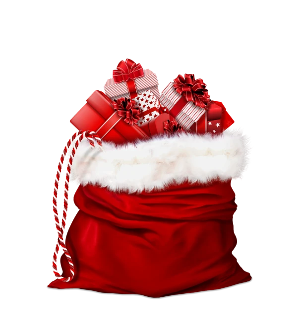 a red bag filled with lots of presents, a digital rendering, on black background, highly realistic photo realistic, wearing in stocking, cotton