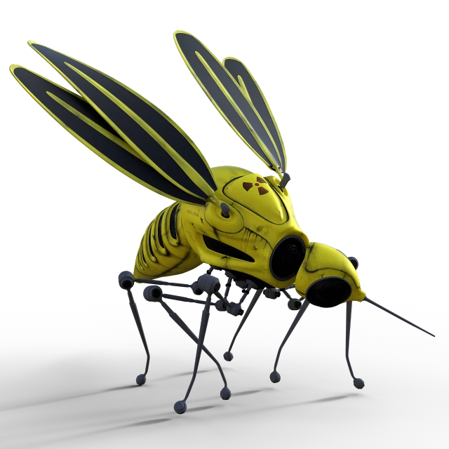 a close up of a toy insect on a black background, a 3D render, giant golden nuclear hornet, robotic drones, full color illustration, some fireflies