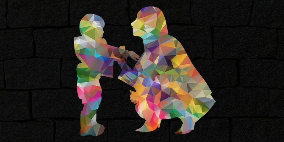 a couple of people standing next to each other, a mosaic, inspired by Aaron Douglas, pixabay, interactive art, diamond plated superhero, father with child, mobile wallpaper, digital art - w 640