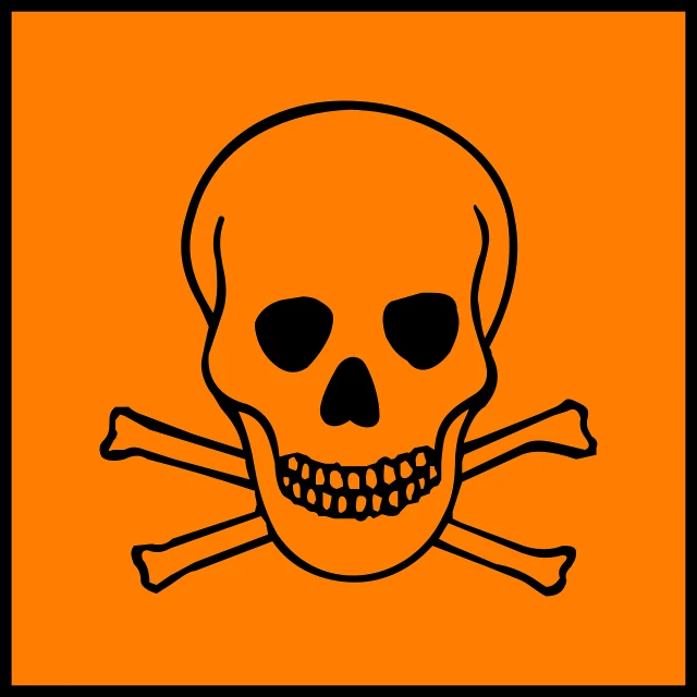 a skull and crossbones on an orange background, by George Manson, orange safety labels, square, dangerous chemical hazards, demolition