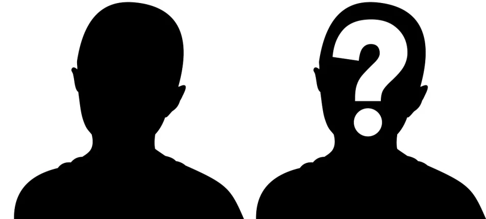 a silhouette of a man with a question mark on his head, trending on pixabay, hurufiyya, two men in black, face covers half of the frame, blank, detailed and symmetric faces