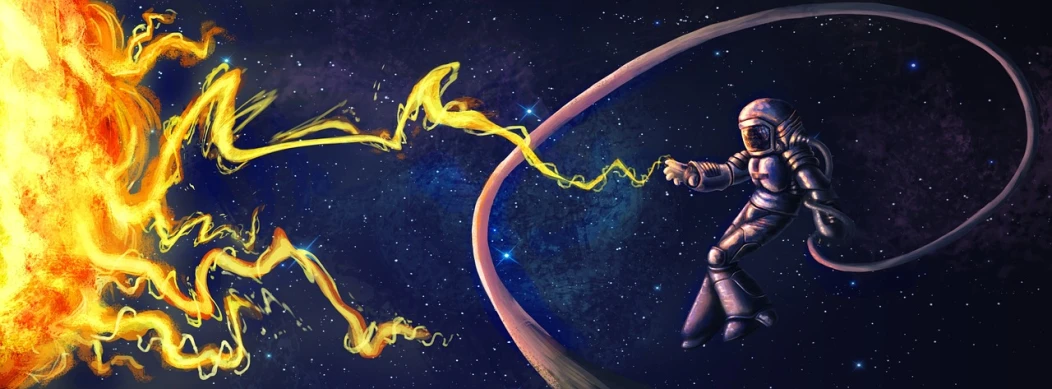 a man in a space suit flying through the air, concept art, by Cyril Rolando, tumblr, space art, the sorceress casting a fireball, golden curve composition, banner, scorpion whip