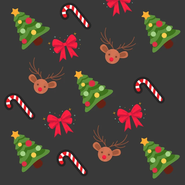 a pattern of reindeers, christmas trees, and candy canes, concept art, inspired by Rudolph F. Ingerle, shutterstock contest winner, background image, cutie mark, dark backgroud, on a gray background