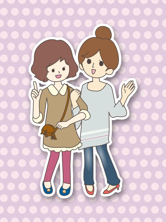 a couple of women standing next to each other, a picture, mingei, sticker illustration, pointing at the camera, brown:-2, cute young woman